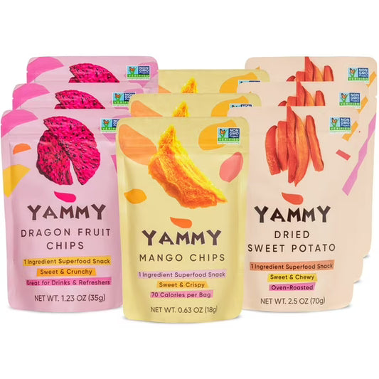 Yammy 1 Ingredient Superfood Snack Variety Pack, Dried Sweet Potato Sticks, Mango Chips, Dragon Fruit Chips, Like Freeze Dried Fruit (Pack of 9)