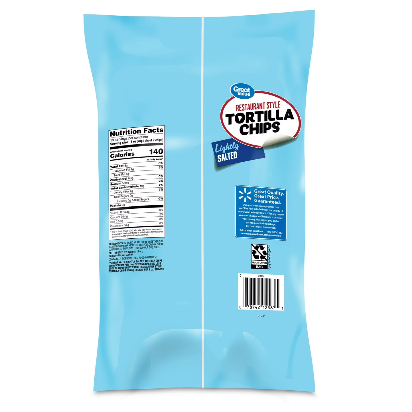 Great Value Restaurant Style Lightly Salted White Corn Tortilla Chips, 13 oz