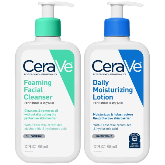 CeraVe Foaming Facial Cleanser and AM Facial Moisturizing Lotion SPF 50 Bundle, Normal to Oily Skin