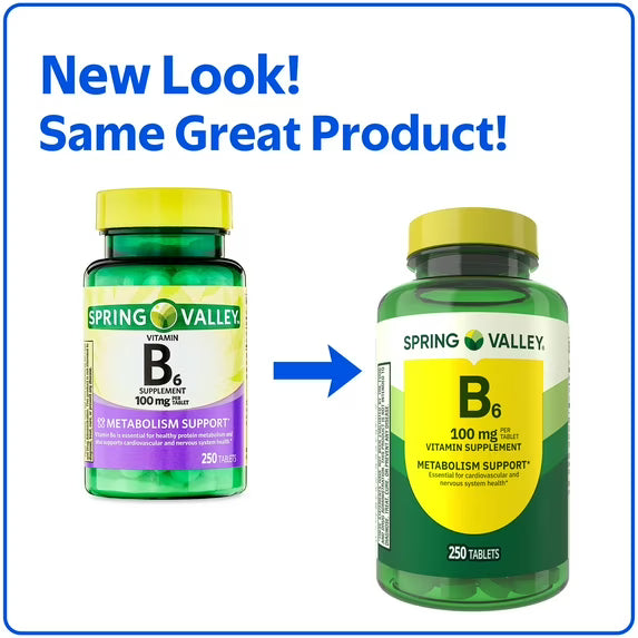 Spring Valley Vitamin B6 Supplement, 100 mg, 250 Count, Tablets for Metabolism Support