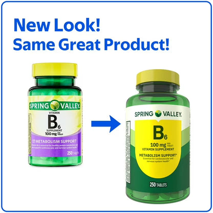 Spring Valley Vitamin B6 Supplement, 100 mg, 250 Count, Tablets for Metabolism Support