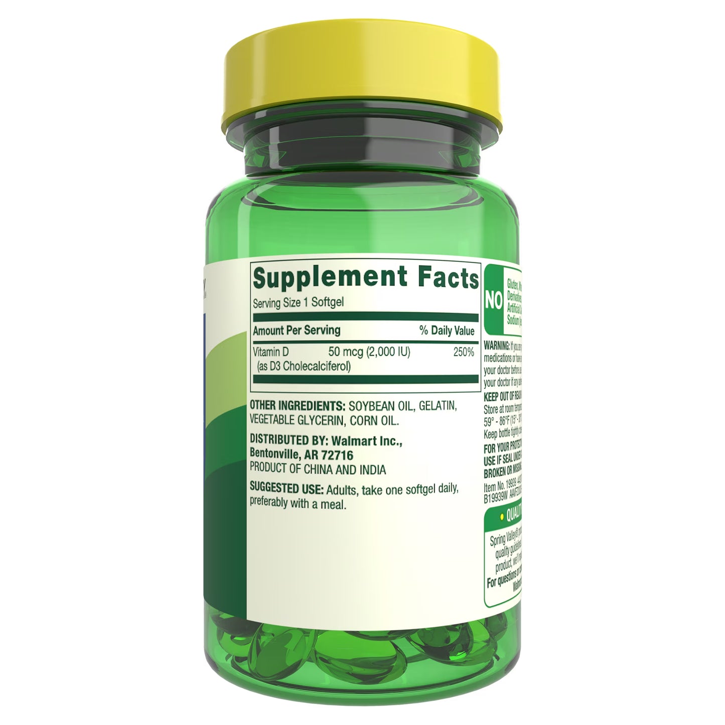 Spring Valley Vitamin D3 Softgels, 50 mcg (2,000 IU), 200 Count, Supplement for Bone and Immune Health
