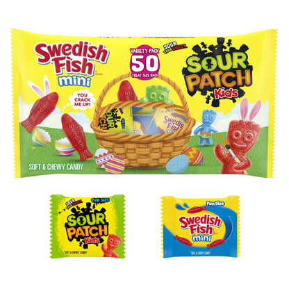 SOUR PATCH KIDS and SWEDISH FISH Mini Soft & Chewy Easter Candy Variety Pack, Bulk Candy, 50 Packs