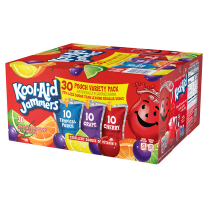 Kool-Aid Jammers Drink, 30 Pouches, for School Lunches and On-the-Go Hydration, Artificially Flavored Tropical Punch, Grape and Cherry Flavors, 6 fl oz