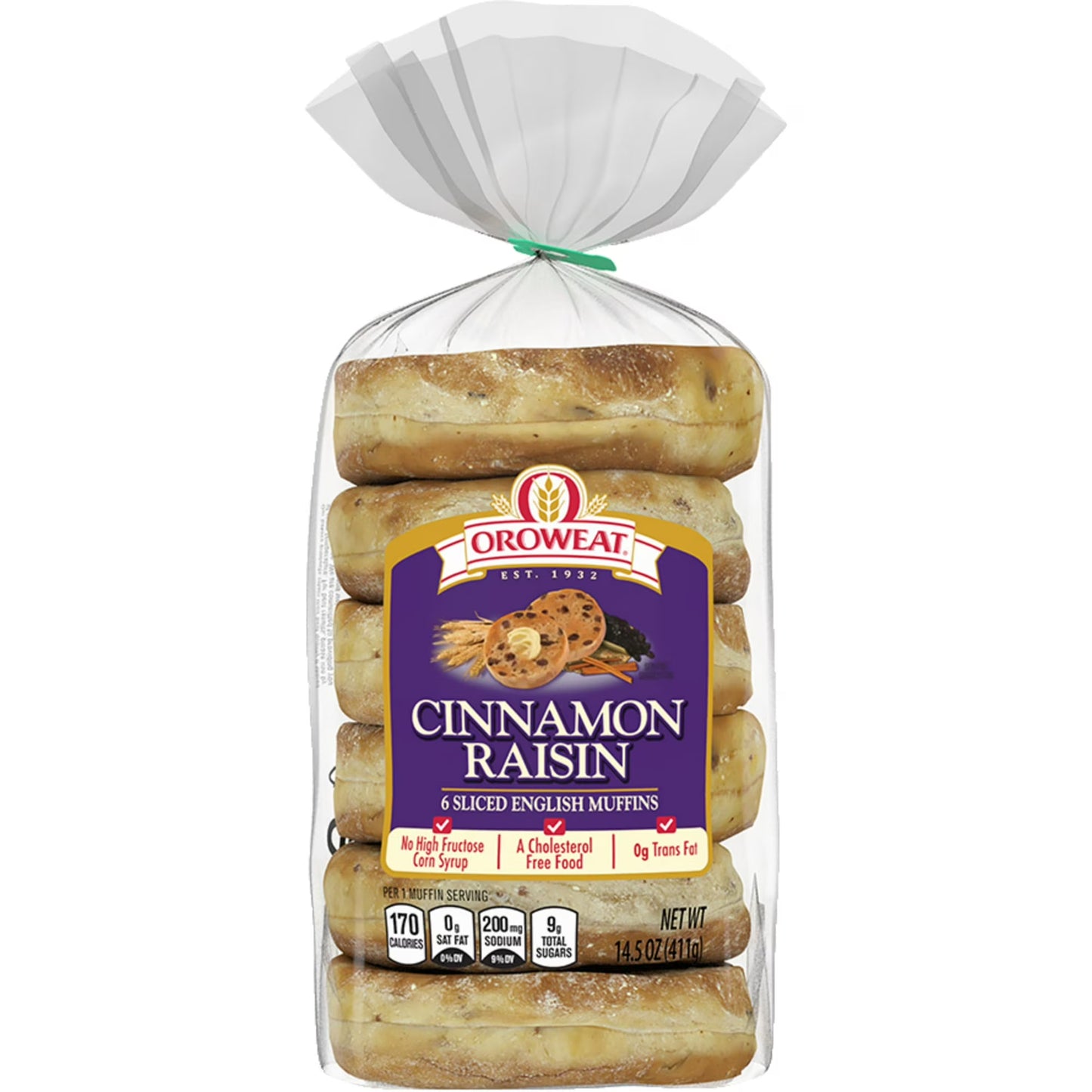 Oroweat Cinnamon Raisin English Muffins, 6 count, Pre-sliced English Muffins, 14.5 oz Bag