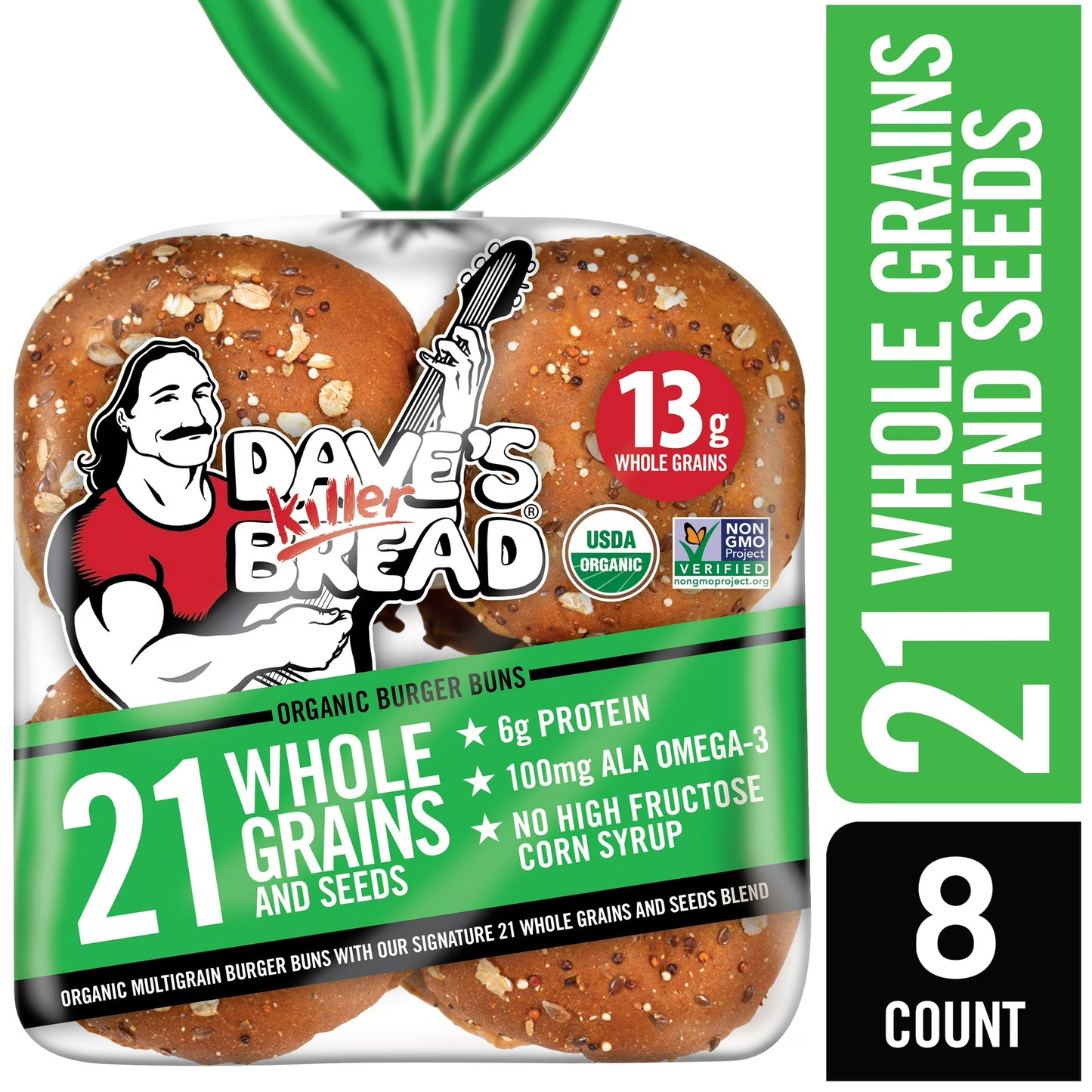 Dave's Killer Bread 21 Whole Grains and Seeds Organic Hamburger Buns, 8 Count, Shelf-Stable