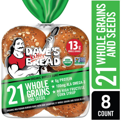 Dave's Killer Bread 21 Whole Grains and Seeds Organic Hamburger Buns, 8 Count, Shelf-Stable