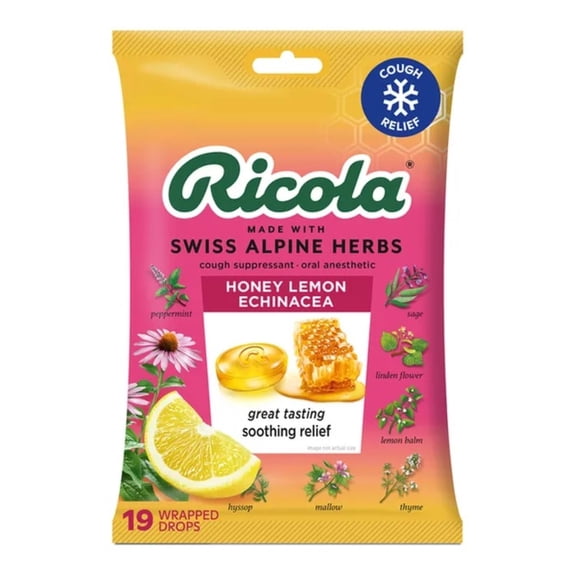 Ricola Honey Lemon with Echinacea Cough Drops for Sore Throat and Cough Relief, 19 Count