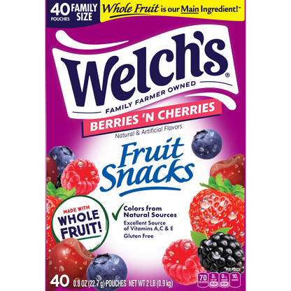 Welch's Fruit Snacks Gluten-Free Berries 'N Cherries Kids Snacks, Soft Snacks, 0.8 oz, 40 Count