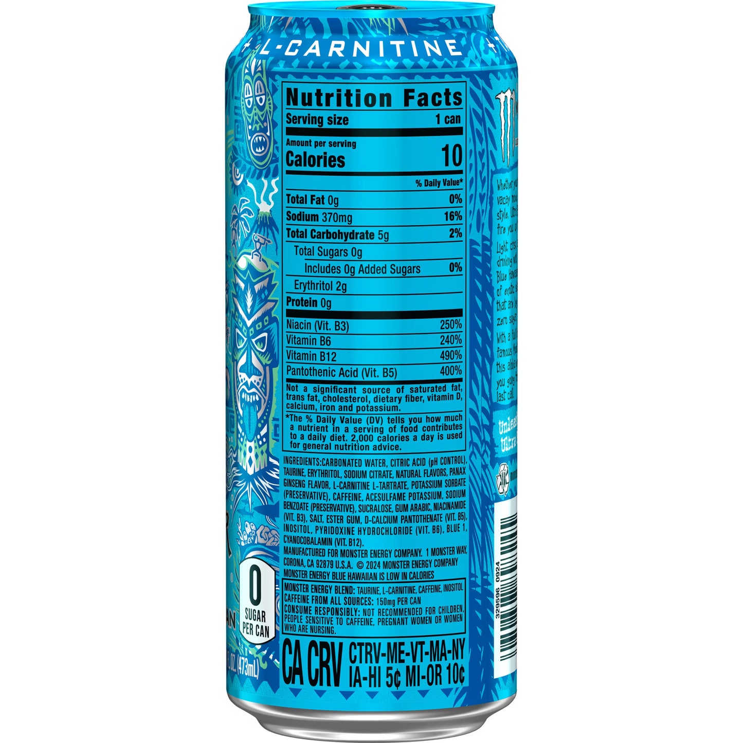 Monster Energy Ultra, Blue Hawaiian, Sugar Free Energy Drink, 16 Fl Oz