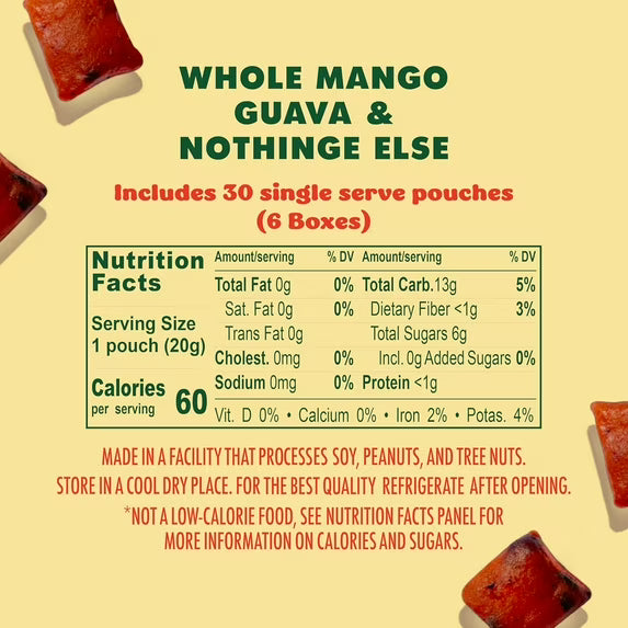 SOLELY Organic Mango &Guava Whole Fruit Gummies (pack of 6 Boxes, 5 Bags per Box), Healthy Chewy Snacks for All, Vegan Snacks, 30 Bags