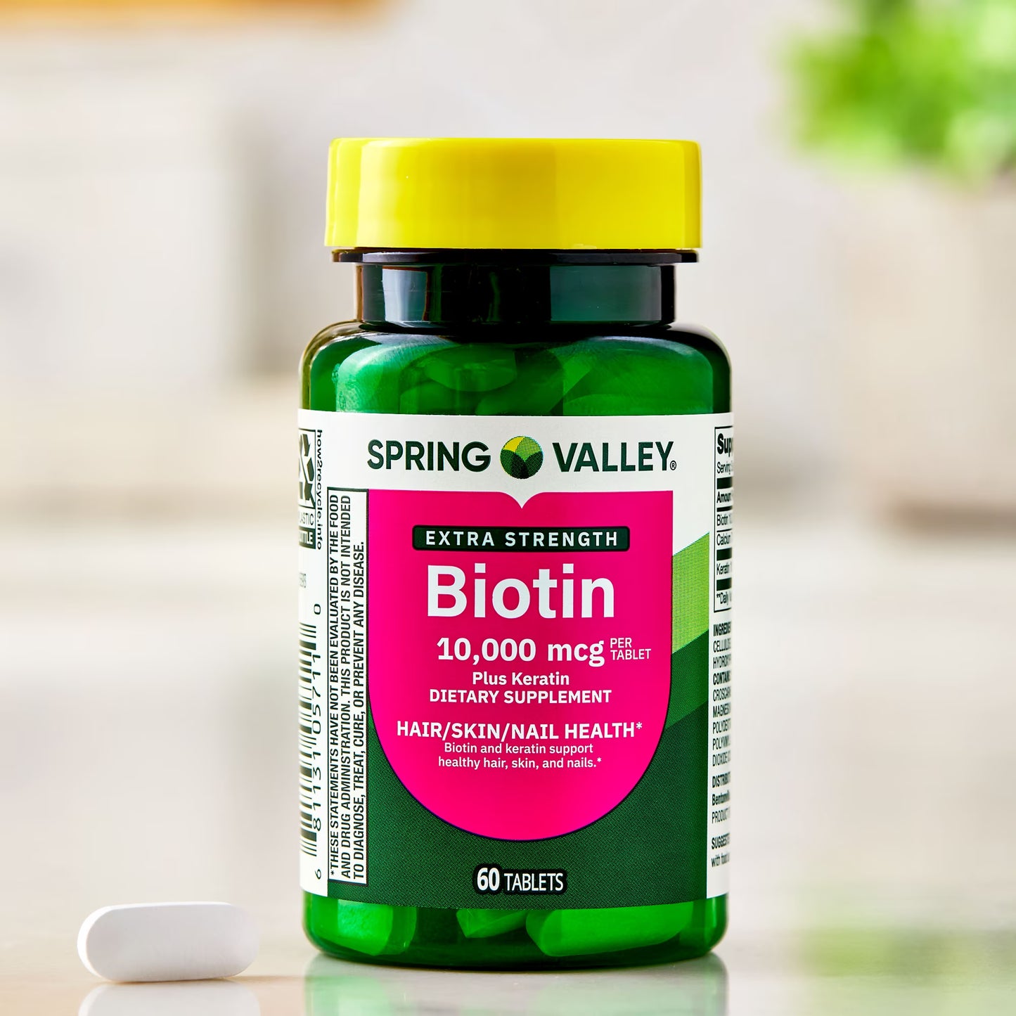 (3 pack) Spring Valley Extra Strength Biotin Plus Keratin Dietary Supplement Tablets for Hair/Skin/Nail Health, 10,000 mcg, 60 Count