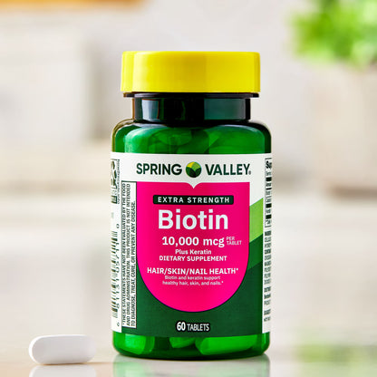 (3 pack) Spring Valley Extra Strength Biotin Plus Keratin Dietary Supplement Tablets for Hair/Skin/Nail Health, 10,000 mcg, 60 Count