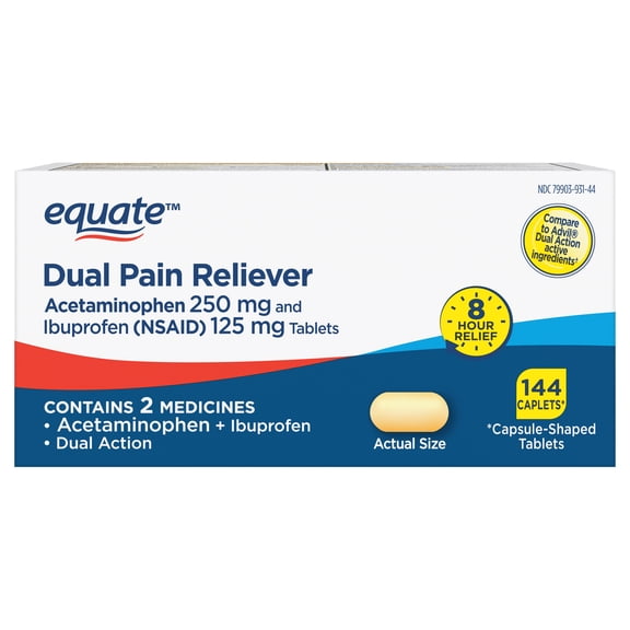 Equate Dual Action Acetaminophen 250 mg and Ibuprofen (Nsaid) 125 mg Pain Reliever Tablets, 144 Count