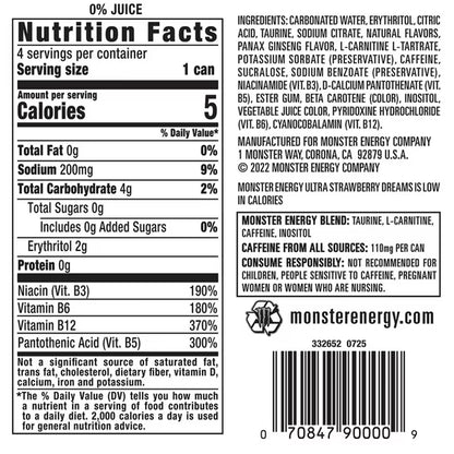 Monster Energy, Ultra Strawberry Dreams, Sugar Free Energy Drink, 12 fl oz, 4 Pack