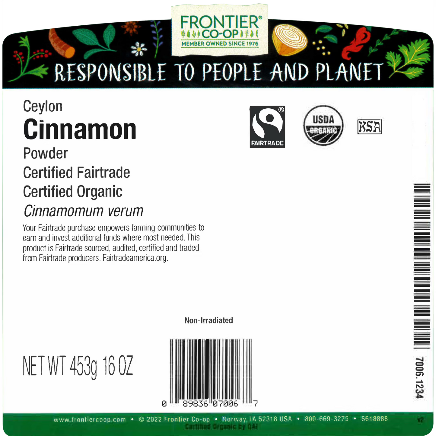 Frontier Co-op Certified Organic Ceylon Cinnamon, 16 oz. Bag, Fairtrade Certified