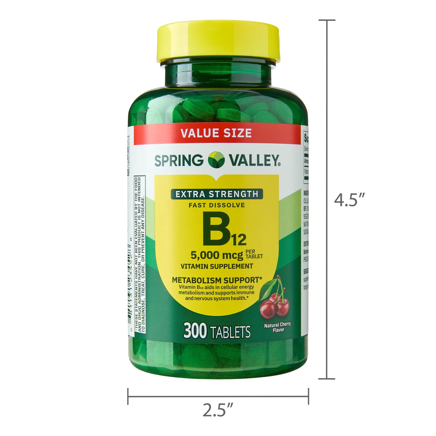 Spring Valley Extra Strength Vitamin B12 Supplement, Cherry, 5000 mcg, 300 Count, Fast Dissolve Tablets for Metabolism Support