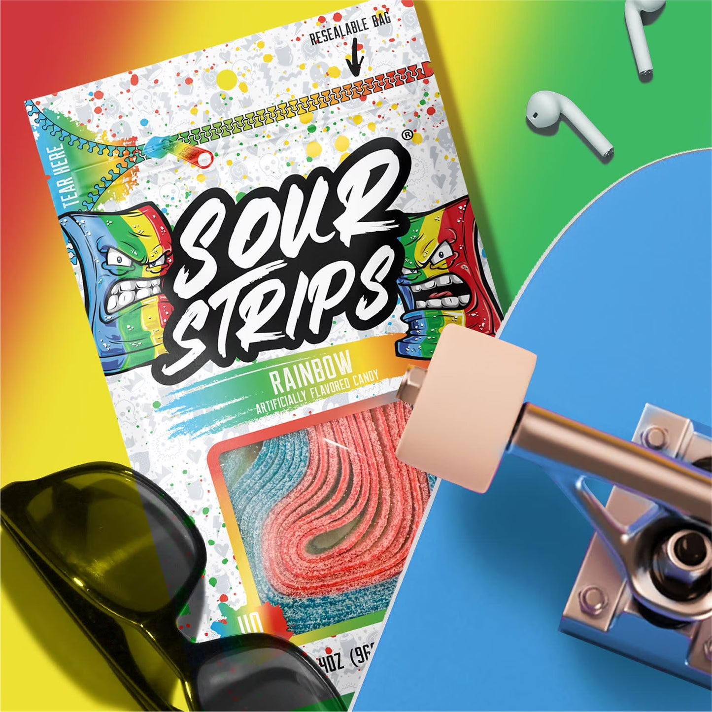Sour Strips Rainbow Flavored Chewy Sour Candy Bag, 3.4 oz