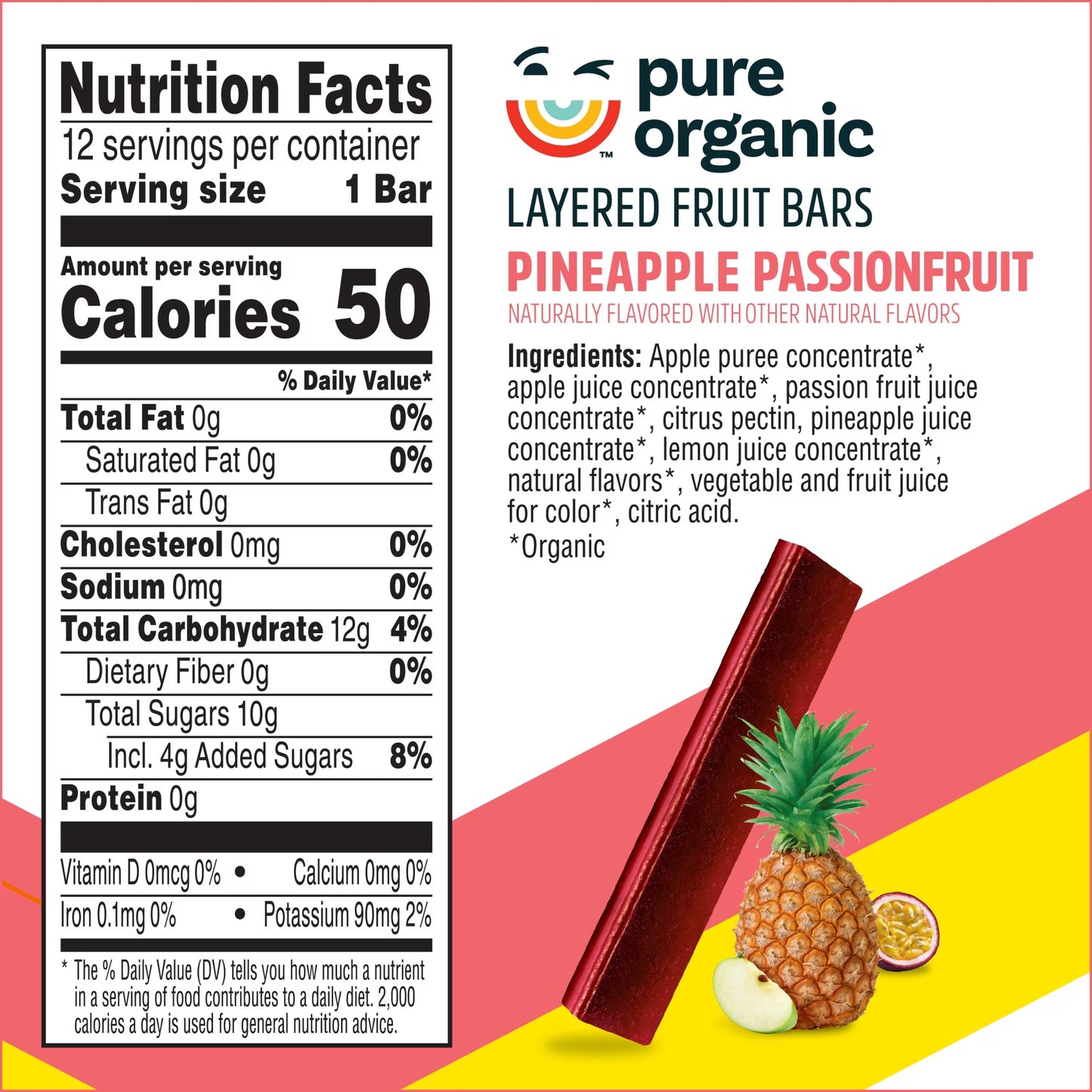 Pure Organic Pineapple Passionfruit Gluten-Free, Organic Chewy Layered Fruit Bars, Gluten Free, 6.2 oz, 12 Count