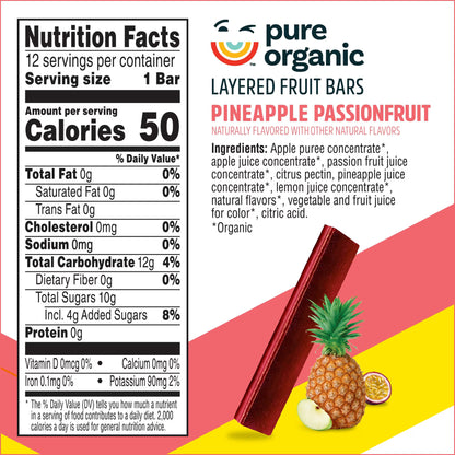 Pure Organic Pineapple Passionfruit Gluten-Free, Organic Chewy Layered Fruit Bars, Gluten Free, 6.2 oz, 12 Count