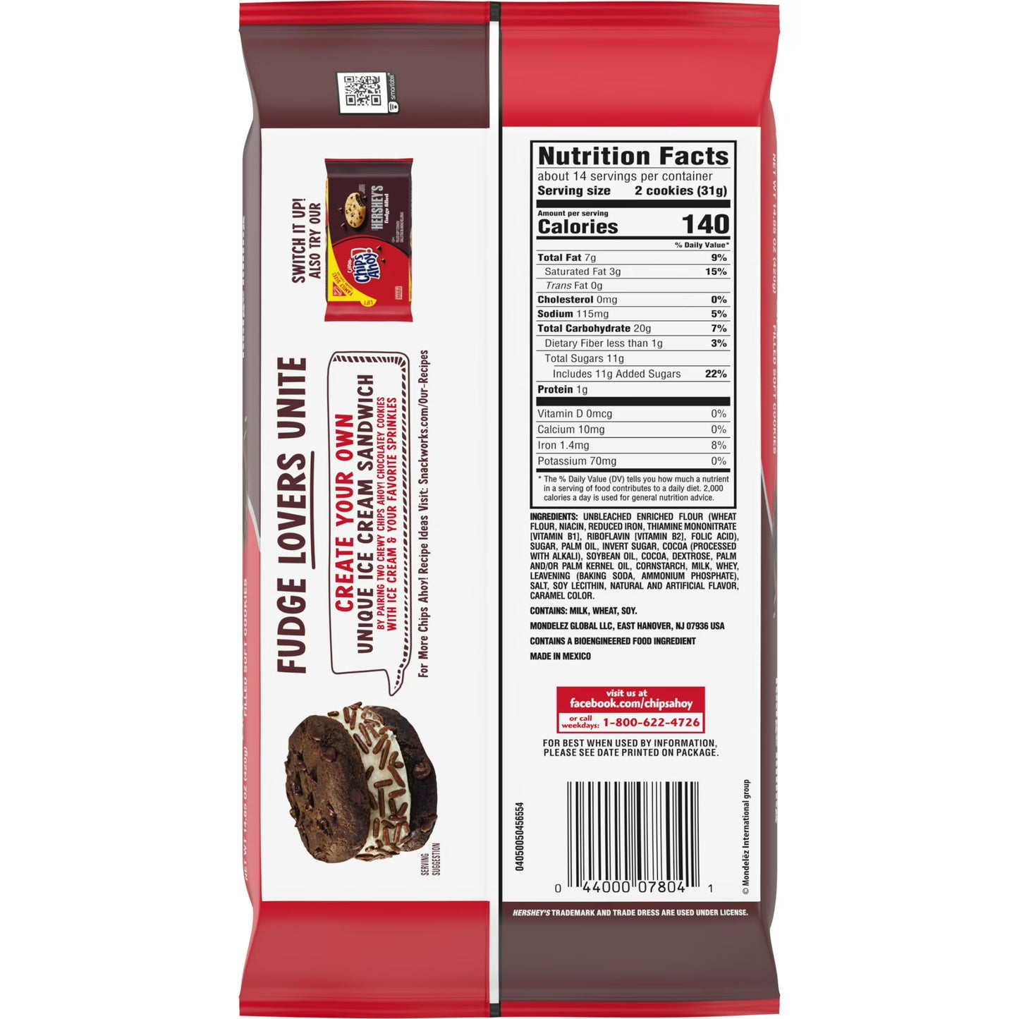 CHIPS AHOY! Chewy Chocolatey Hershey's Fudge Filled Soft Chocolate Chip Cookies, Family Size, 14.85 oz