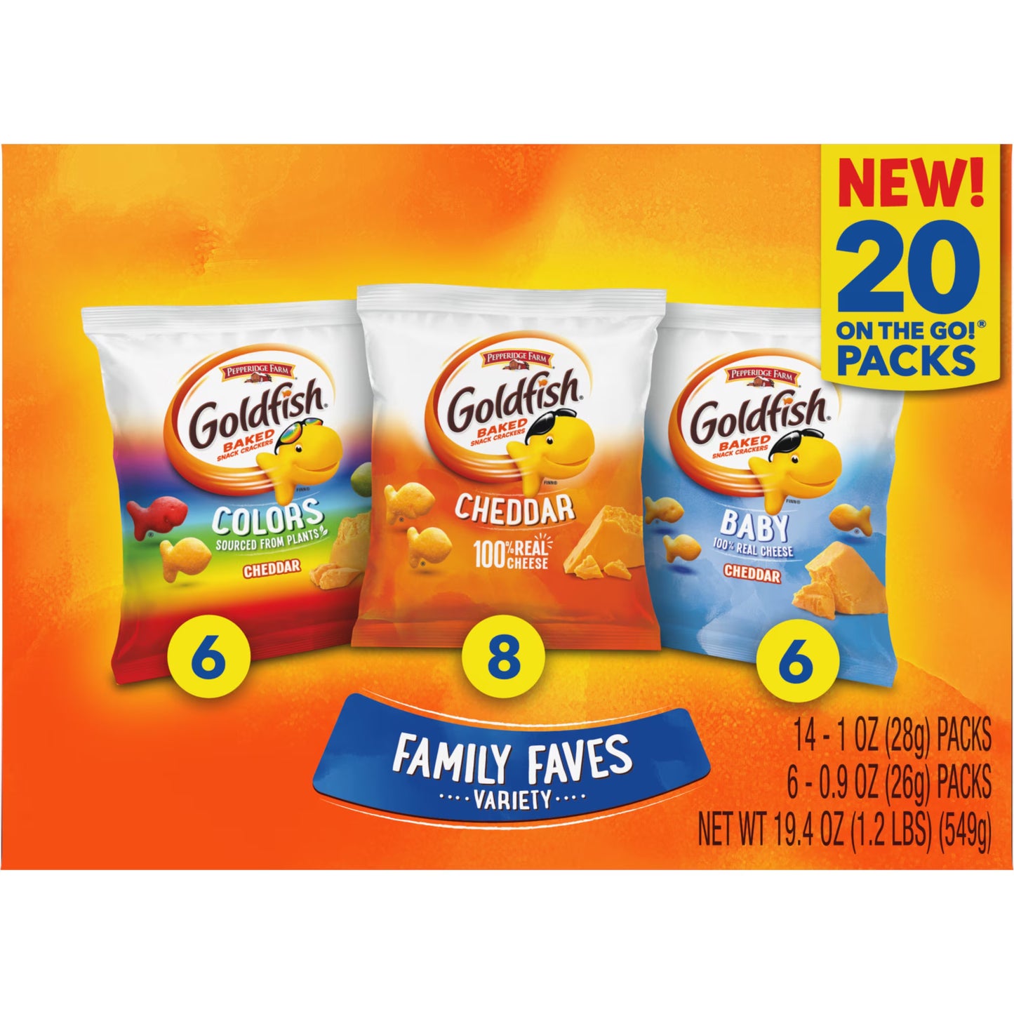 Goldfish Family Faves Crackers, Cheddar, Colors and Baby Crackers Snack Pack, 0.9 oz, 20-Count Variety Pack Box