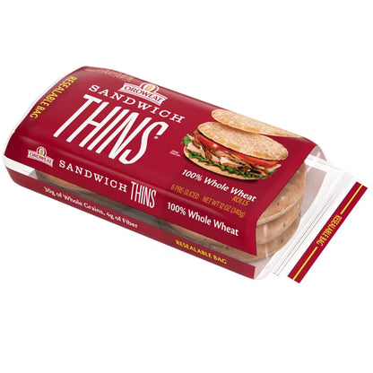 Oroweat Sandwich Thins 100% Whole Wheat Rolls, 6 count, 4g Fiber, 30g Whole Grains Thin Sandwich Bread, 12 oz Bag