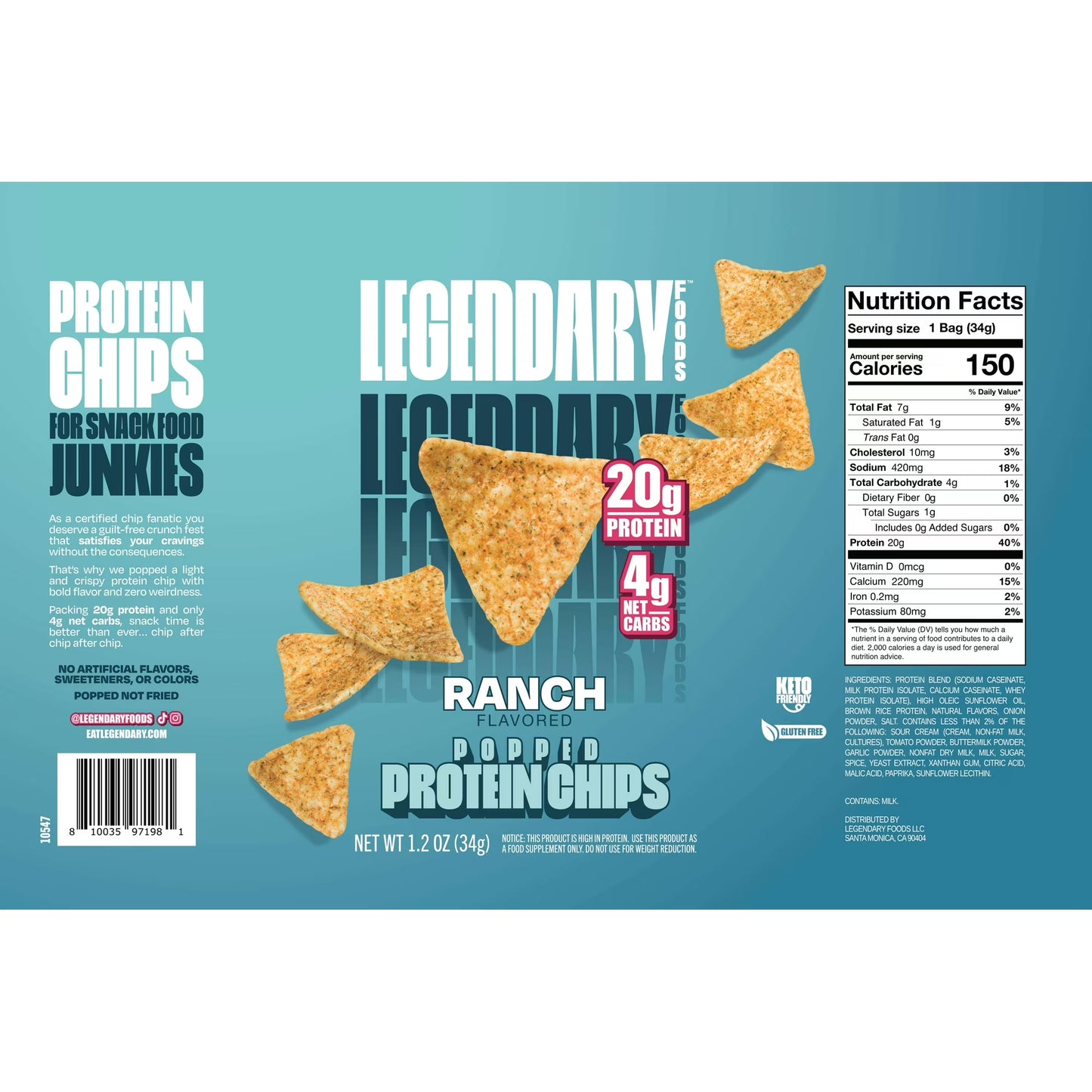 Legendary Popped Protein Chips, 20g Protein, Ranch, 34g per individual bag