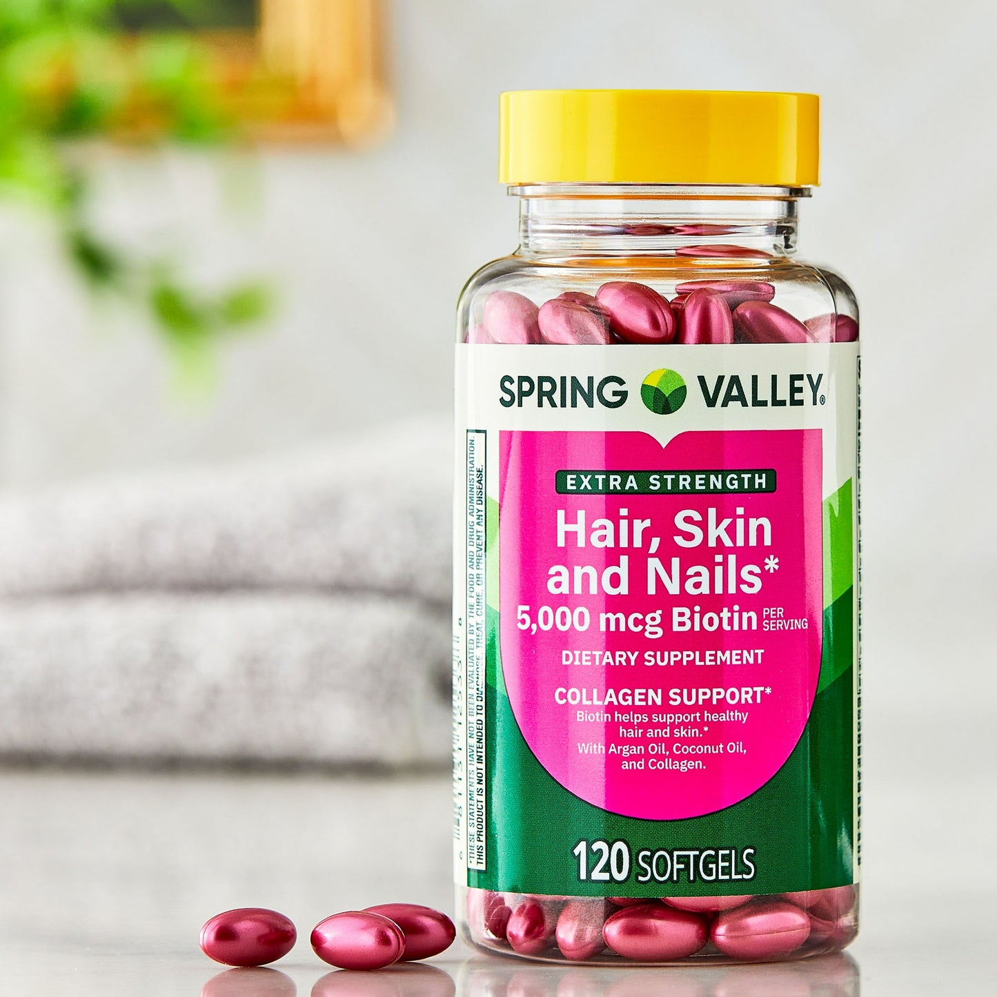 (3 pack) Spring Valley Extra Strength Hair Skin & Nails Collagen Support Softgels, 5000 Mcg Biotin, 120 Count