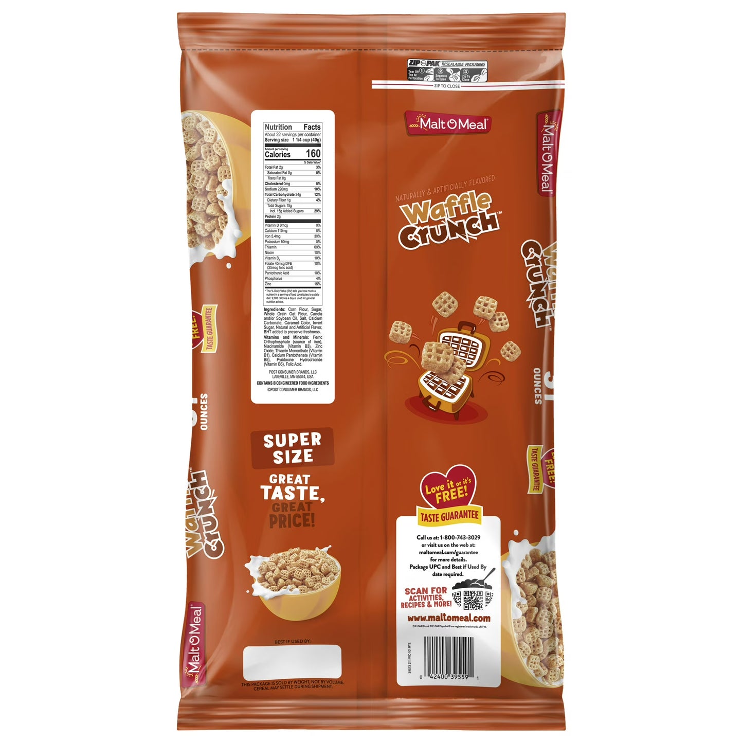 Malt-O-Meal Waffle Crunch Breakfast Cereal, Mini Waffle Shaped Pieces, 31 oz Bag