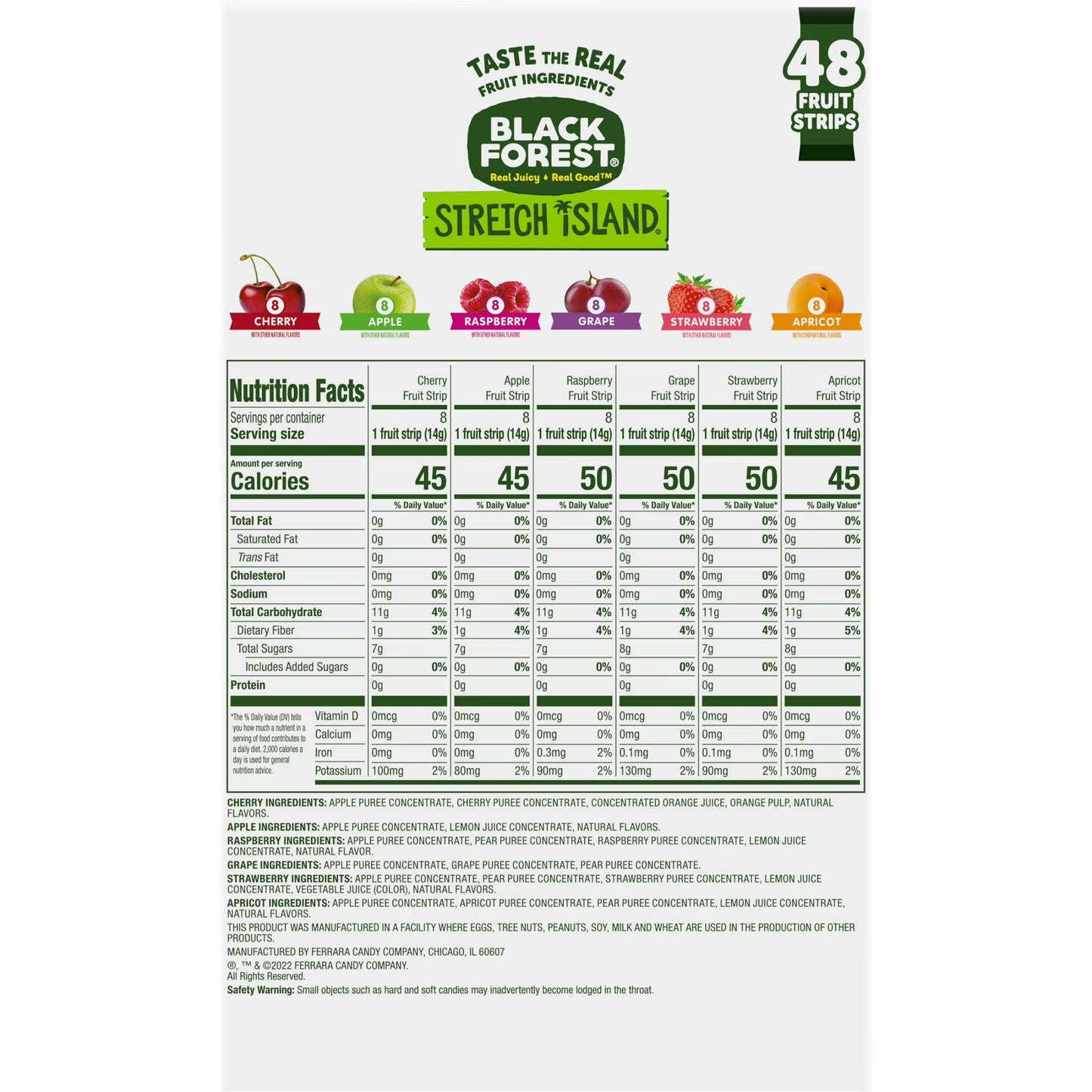 Black Forest Stretch Island Fruit Strips, Variety Pack, 48 Count, Cherry, Apple, Raspberry, Grape, Strawberry, and Apricot, Zero Grams Added Sugar, Non-GMO