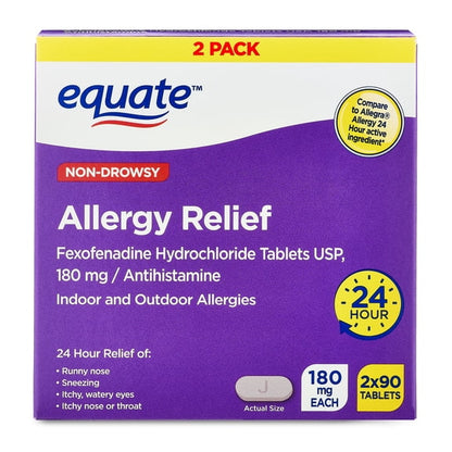 Equate Fexofenadine Hydrochloride USP Non-Drowsy Allergy Relief Tablets, 180 mg, 90 Count (2 Pack)