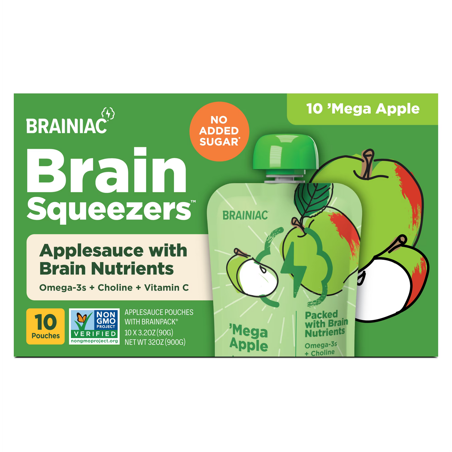 (2 pack) Brainiac Brain Squeezers Applesauce with Omega-3s, Apple, No Sugar Added, 3.2 oz, 10 Ct