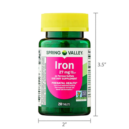 (3 pack) Spring Valley Iron Prenatal Health Dietary Supplement Tablets, 27 mg, 250 Count