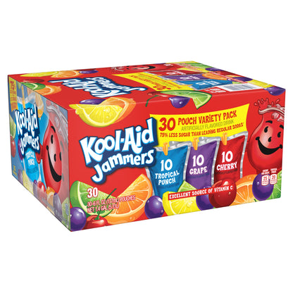 Kool-Aid Jammers Drink, 30 Pouches, for School Lunches and On-the-Go Hydration, Artificially Flavored Tropical Punch, Grape and Cherry Flavors, 6 fl oz