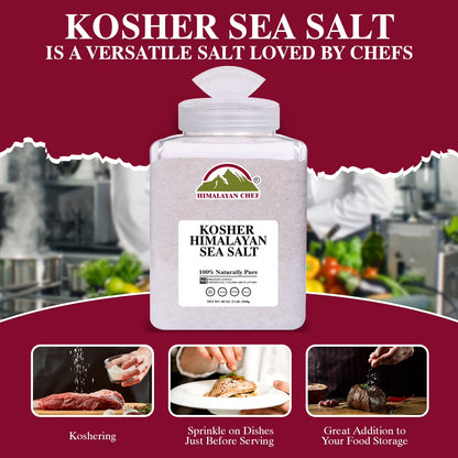 Himalayan Chef Kosher Sea Salt – Full Flavor, No Additives, unrefined and Less Sodium - Natural and Organic - 5 Pound Plastic Jar, Kosher & Non GMO Certified