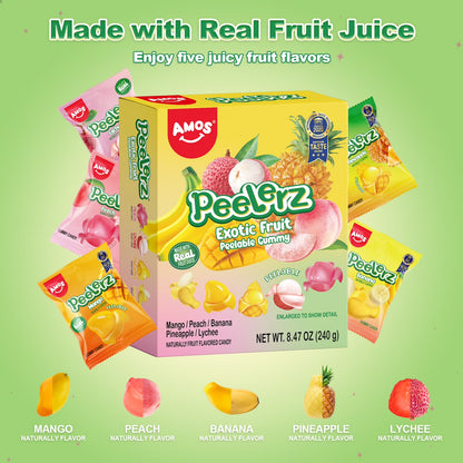Amos Peelerz Exotic Fruit Gummy Candy, Variety Pack Candy Individually Wrapped Pack 8.47 oz