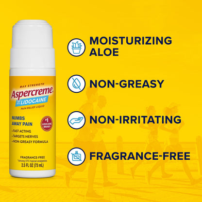 Aspercreme Max Strength Topical Numbing Pain Reliever Roll-on Liquid, 4% Lidocaine, Odor Free, 2.5 fl oz