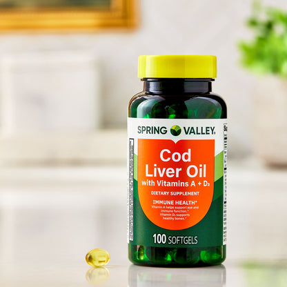 (2 pack) Spring Valley Cod Liver Oil Plus Vitamins A & D3 Dietary Supplement, 100 Count
