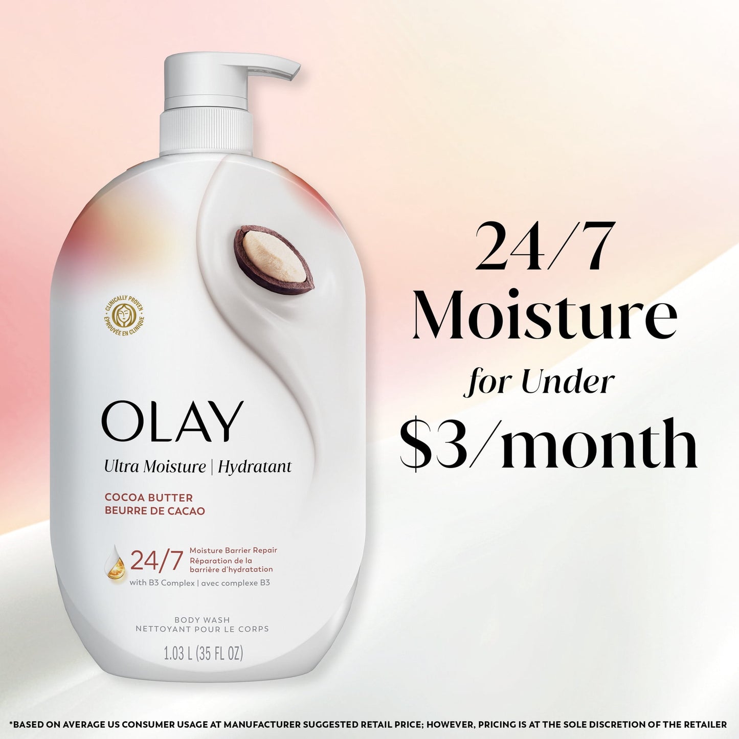Olay Ultra Moisture Body Wash with Cocoa Butter, Vitamin B3 and Hyaluronic Blend, 35 fl oz