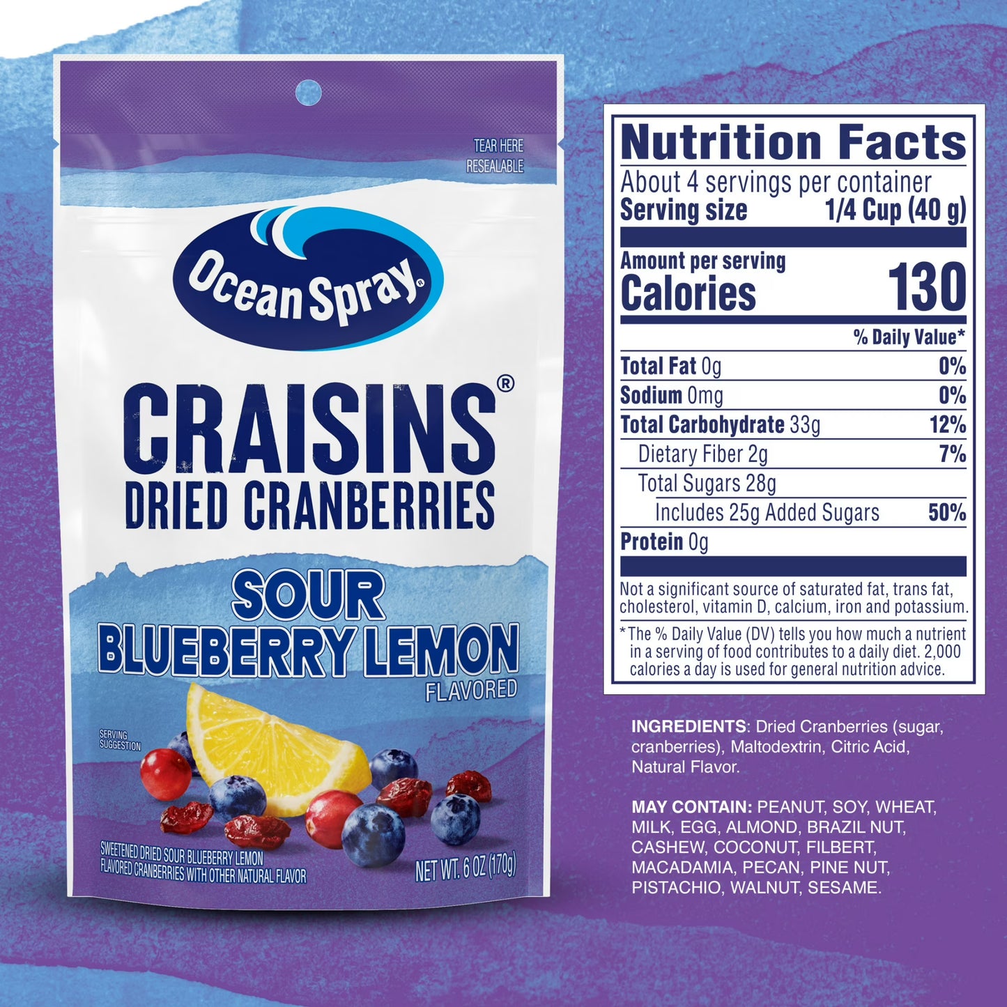 Ocean Spray Sour Blueberry Lemon Flavored Craisins Dried Cranberries, 6oz