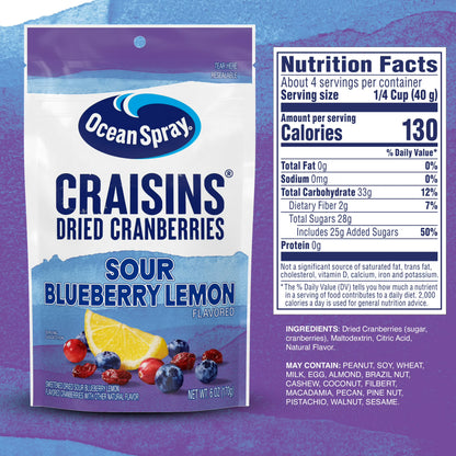 Ocean Spray Sour Blueberry Lemon Flavored Craisins Dried Cranberries, 6oz