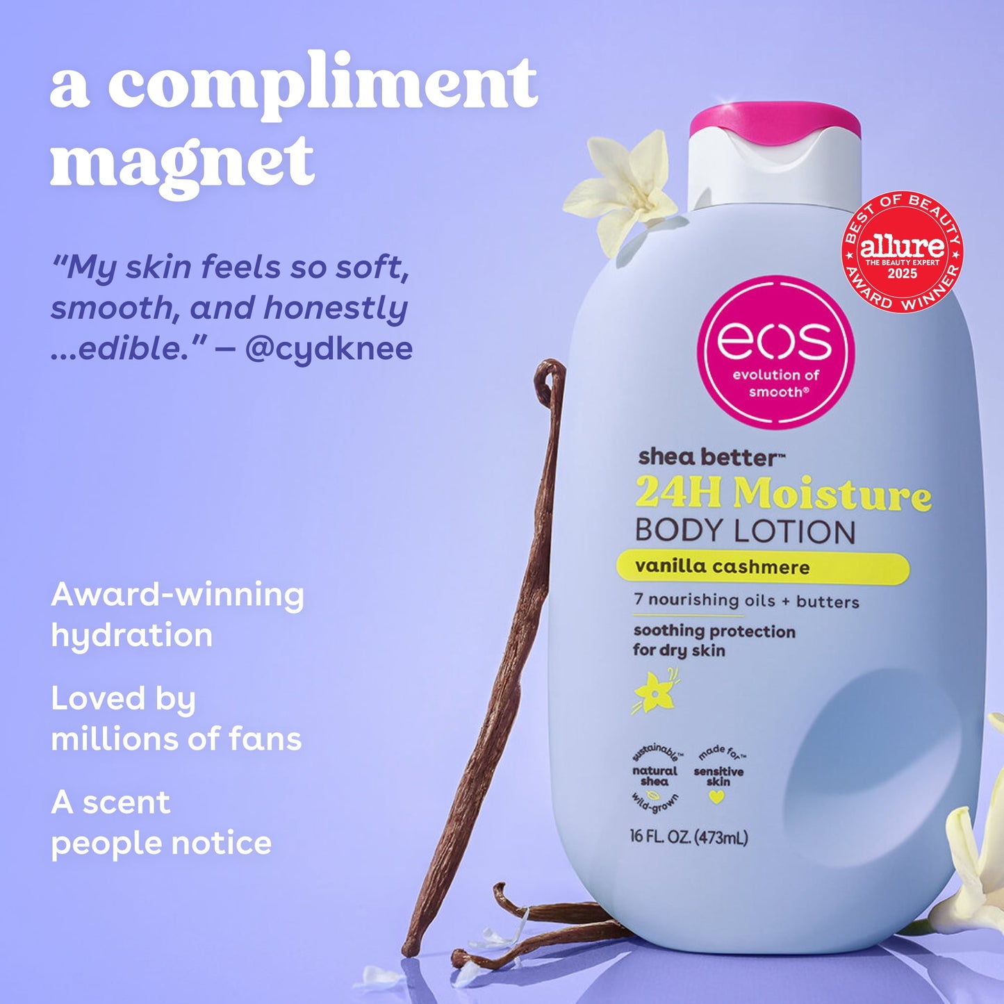 (3 pack) eos Shea Better 24H Moisture Body Lotion, Vanilla Cashmere, for Dry Skin, 16 fl oz