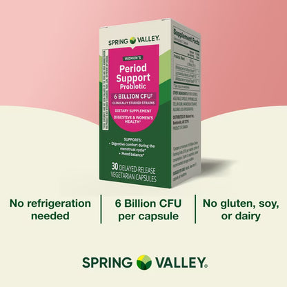 Spring Valley Women's Period Support Probiotic Dietary Supplement Delayed-Release Vegetarian Capsules for Digestive and Women's Health, 30 Count