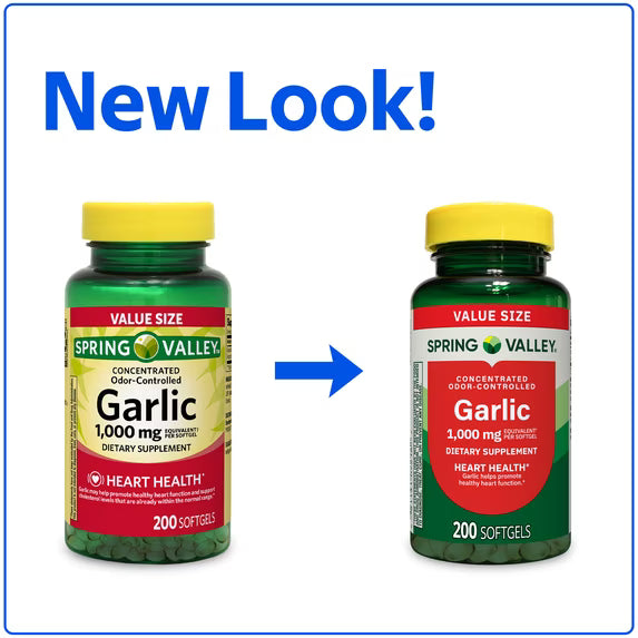 Spring Valley Odor-Controlled Garlic Dietary Supplement Softgels for Heart Health, 1000 mg, 200 Count