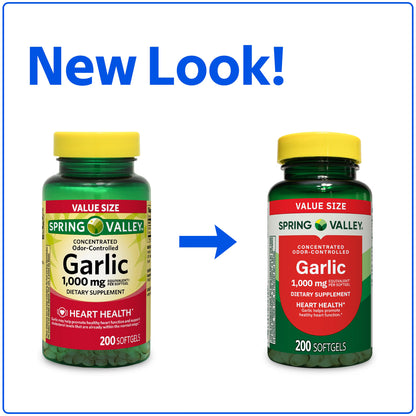 (3 pack) Spring Valley Odor-Controlled Garlic Dietary Supplement Softgels for Heart Health, 1000 mg, 200 Count