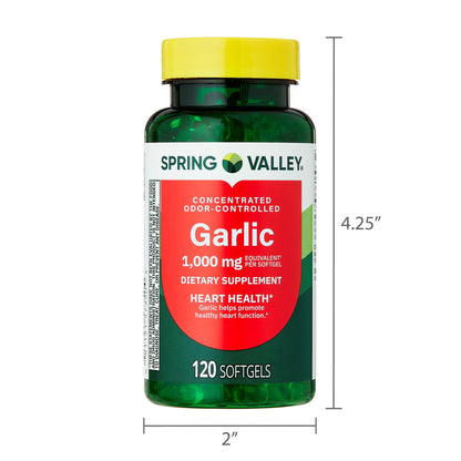 Spring Valley Odor-Controlled Garlic Dietary Supplement Softgels for Heart Health, 1000 mg, 120 Count