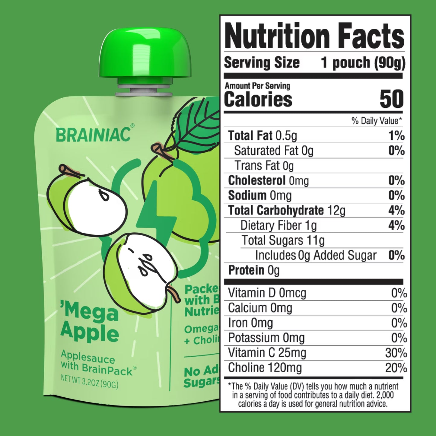 (2 pack) Brainiac Brain Squeezers Applesauce with Omega-3s, Apple, No Sugar Added, 3.2 oz, 10 Ct