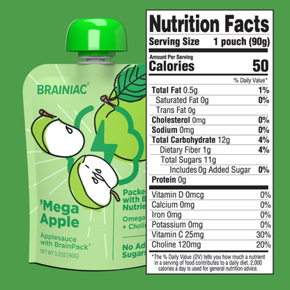 (2 pack) Brainiac Brain Squeezers Applesauce with Omega-3s, Apple, No Sugar Added, 3.2 oz, 10 Ct