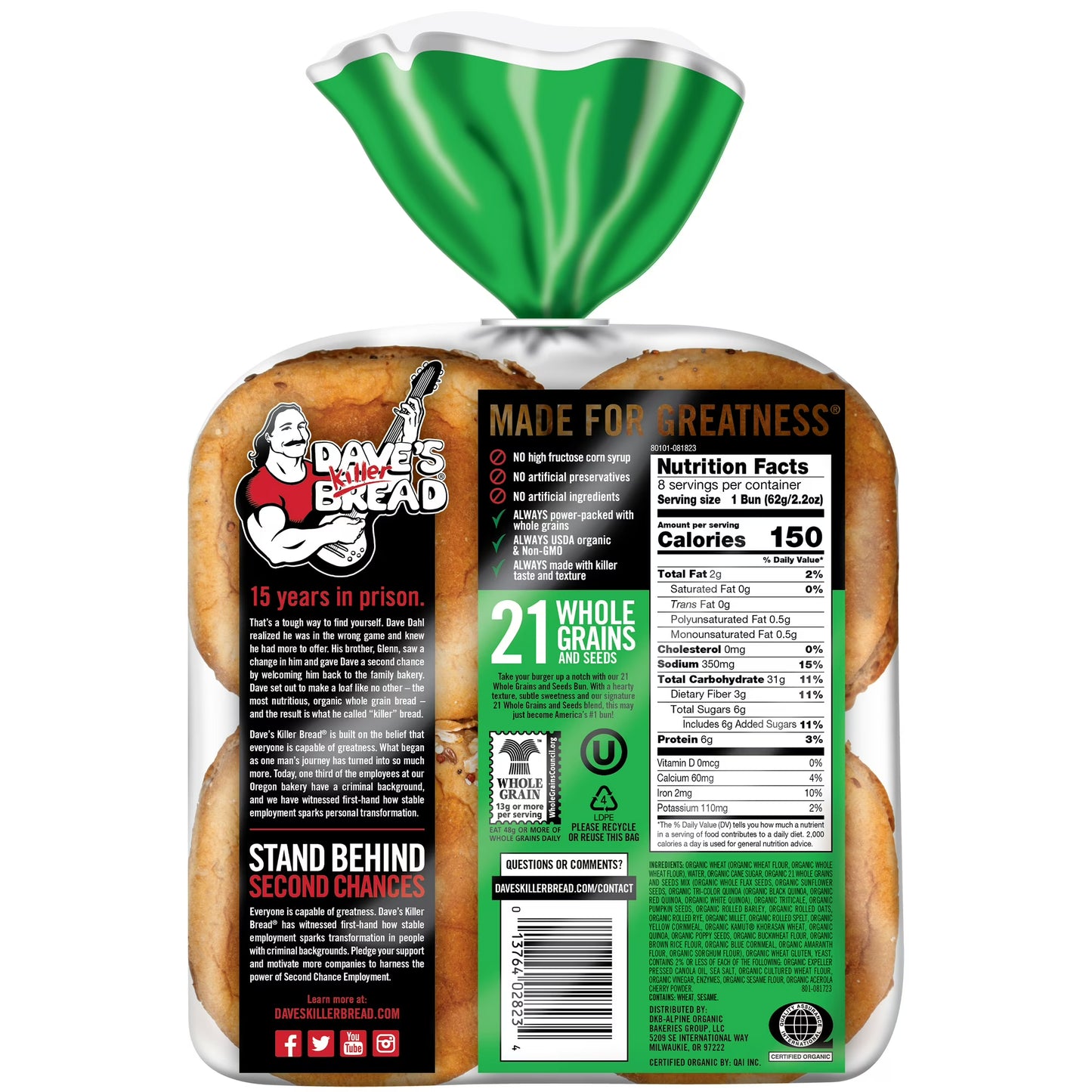 Dave's Killer Bread 21 Whole Grains and Seeds Organic Hamburger Buns, 8 Count, Shelf-Stable